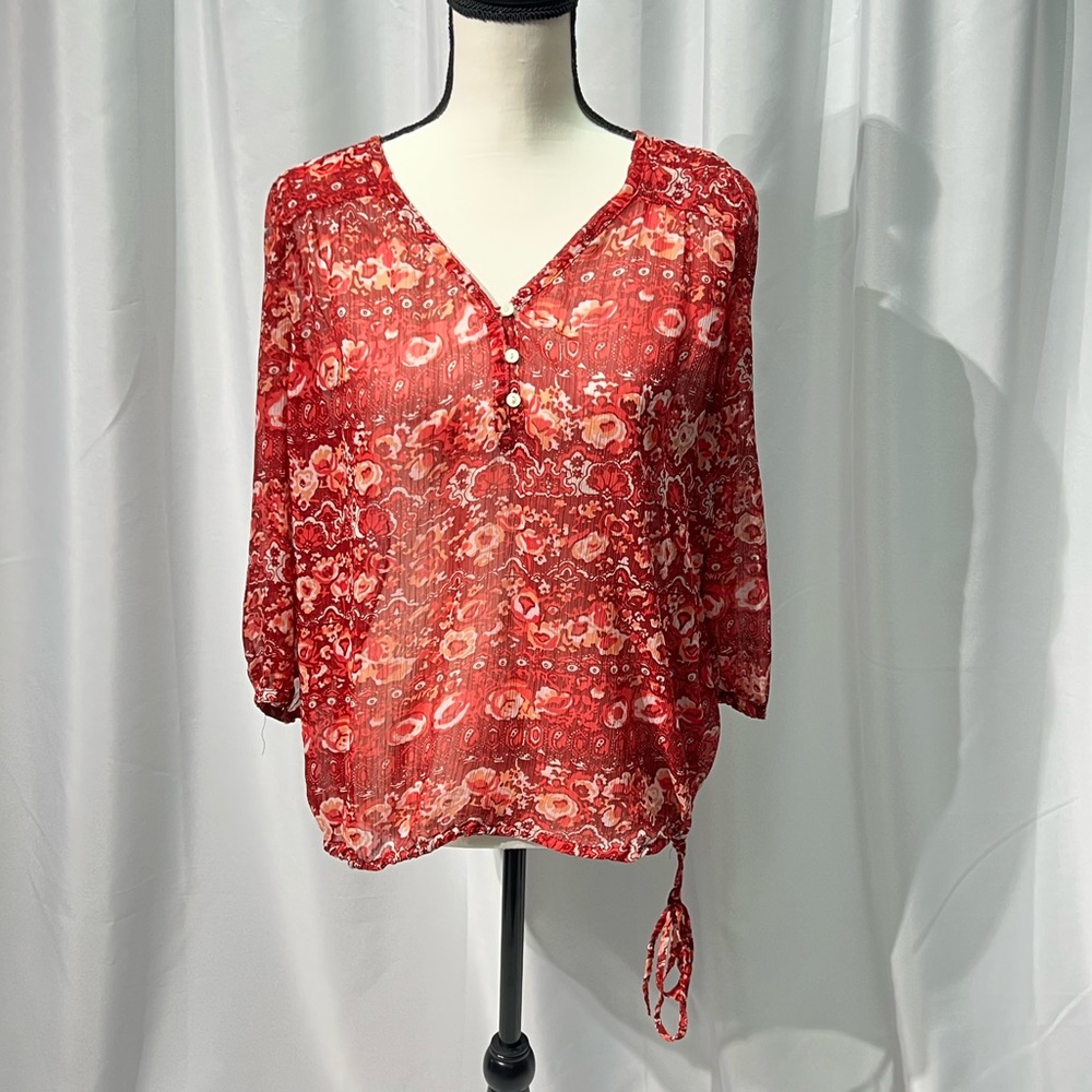 Lucky Brand Red, Orange and White Print Sheer Blouse - size Large